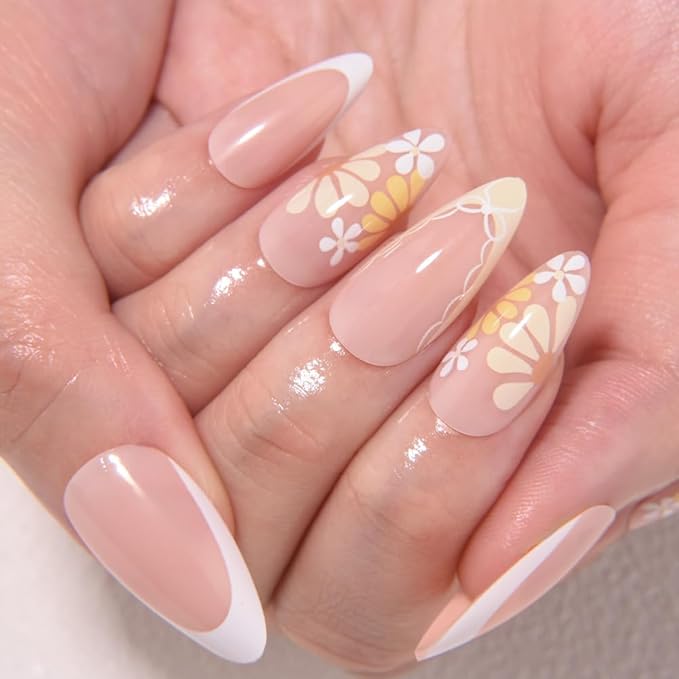 evpct Flower French Tips Press on Nails Short Almond for Women Gift, Nude + Yellow Tips, Glossy Soft Gel Press Stick on Nail with Nail Kit, Supremely Fit Full Cover, Reusable Acrylic Fake Nails Kit