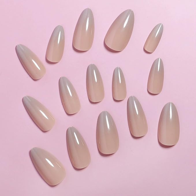 Press-On Nails, Medium-Length Glossy Sheer Nude Ombre Medium-Length Almond False Nails, Showing the Noble Temperament of Women and Girls False Nails - 24 pcs (with Free Tool Kit)
