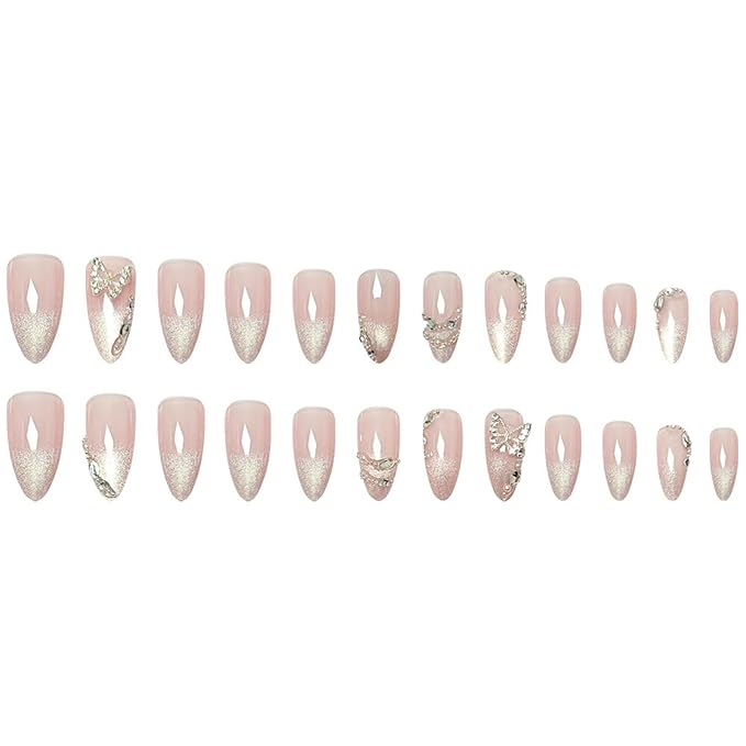 Medium Press on Nails Almond Fake Nails Ombre French Tip Artificial Nail Cute with Butterfly Designs Stick on Nail for Women 24pcs