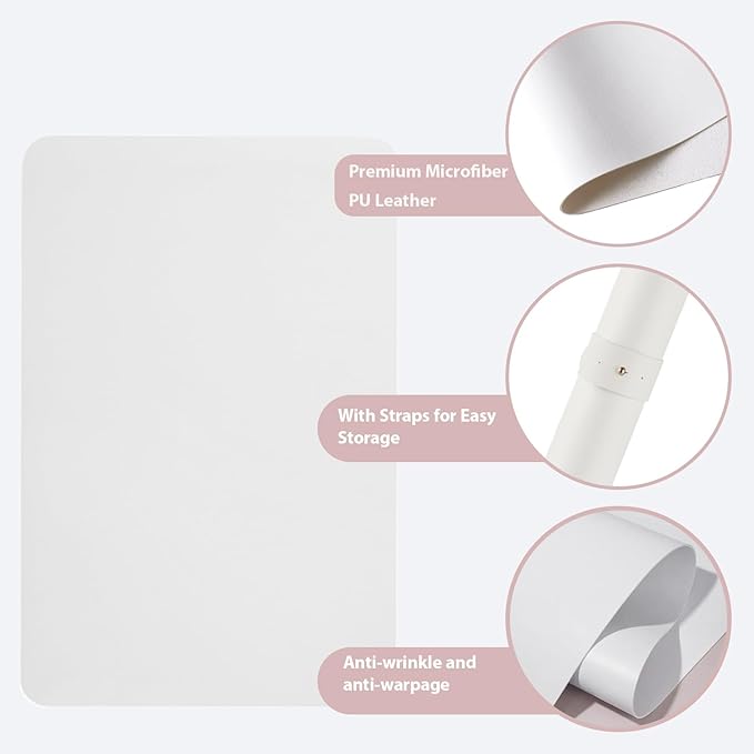 2 PCS Nail Art Table Mat, Soft Microfiber PU Leather Nail Pad, Foldable Nail Art Rest Pad, Reusable Nail Mat for Table Desk, Acrylic Nail Desk Mat for Nail Cushion (White and White)