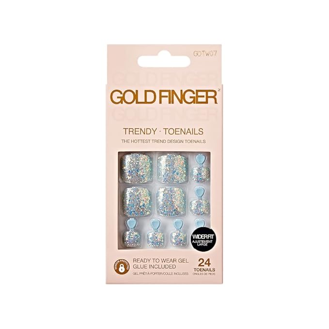 GoldFinger Press On Toenails Kit Wider Fit, Shine Glazed Glitter Metallic Sprinkle Color Fake Toenail, Ready to Wear Gel & Manicure Stick, Mini Glue included, Long-Lasting Convenient & Easy to Apply