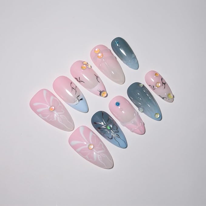10PCS Luxury Handmade Press On Nails Nude Gradient Cat's Eye with Pearl Bow & Sparkling Rhinestones for Wedding & Party Reusable Almond Fake Nails Design Gift For Women and Girls (L03, M)