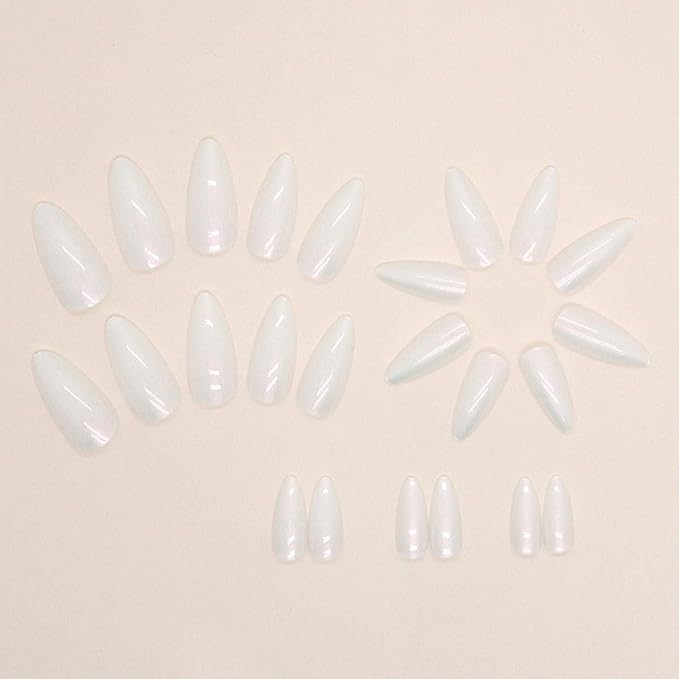 Press on Nails Almond - Medium Fake Nails with Aurora Design - White Full Cover Stick on False Nails - for Women 24 Pcs