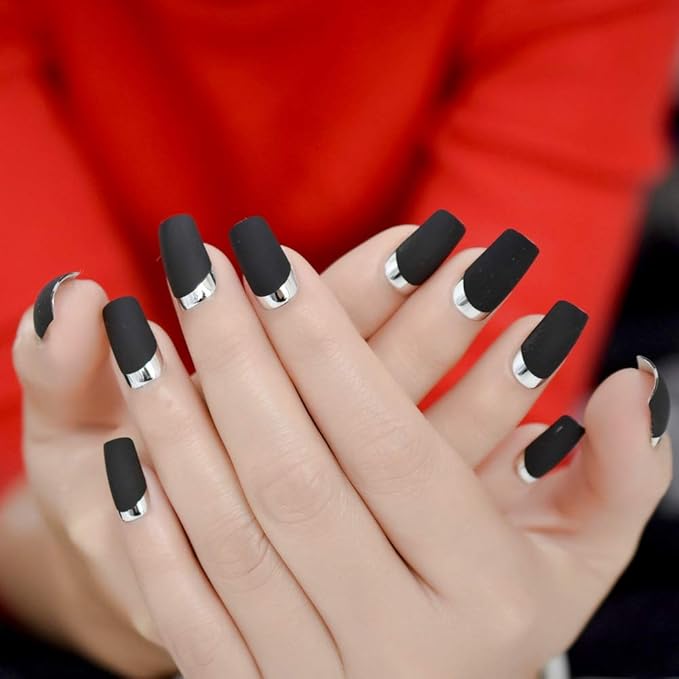 Matte Square Fake Nails Medium Long Size French Moo Nail Silver Metallic ABS Fingernails 24 count
