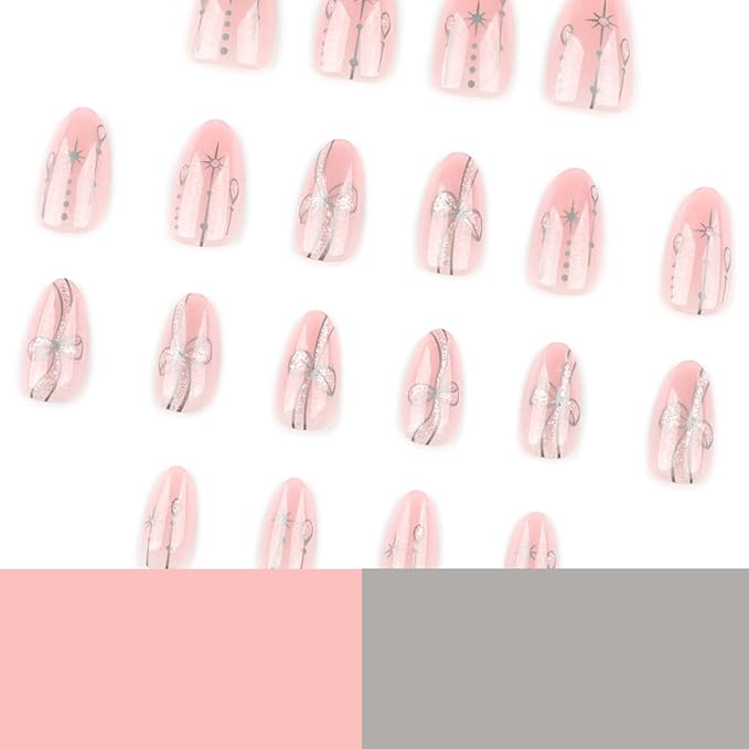 Pink & Silver Press on Nails Short Almond Fake Nails Silver Star Bow Nail Art Design False Nails Press ons for Women Manicure,Glossy Finish | Reusable | Nail Kit with Jelly Adhesive Tabs | 24 Pcs