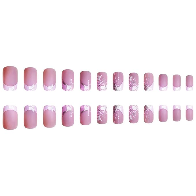 24Pcs Pink French Tip Press on Nails Short Square Fake Nails Spring Cherry Blossoms with Line Design Nude Pink False Nails Stick on Nails Full Cover Artificial Glue on Nails for Women DIY Manicure