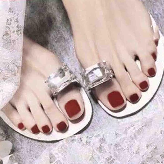 Solid Square Fake Toenails matte Press on Toe Nails Short Acrylic False Toes Nails Artificial Beach Full Cover Toenail for Women 24 Pcs (Wine Red)