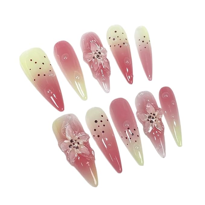 Handmade Press on Nails Long Stiletto Fake Nails French Tip Leopard print with 3D Flower Designs Pink Glossy Cute Acrylic Nails for Women 10pcs (Size M）