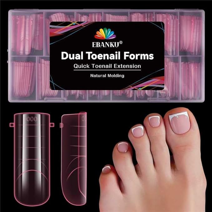 EBANKU Poly Gel Nail Forms for Toes, Pink Long Square Dual Forms for Pedi Nail Extension Poly Gel Toenails Reusable Toe Nail Tips Mold, 150 Pieces, 15 Sizes