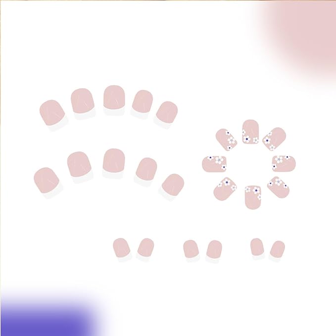 Press on Nails Short Square Plastic False Nails 24 Pcs White French Tips Flower Pattern Glossy Finish