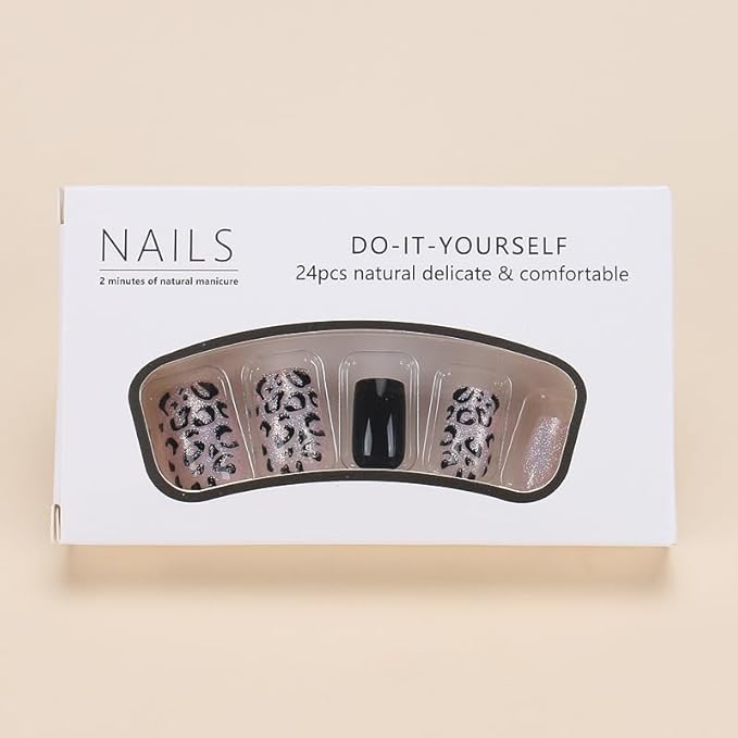 Leopard Print Press on Nails Black Fake Nails Medium Square False Nails Press ons with Design,Reusable Artificial Nail Full Cover Glue on Nail Stick on Nails for Women Manicure 24Pcs