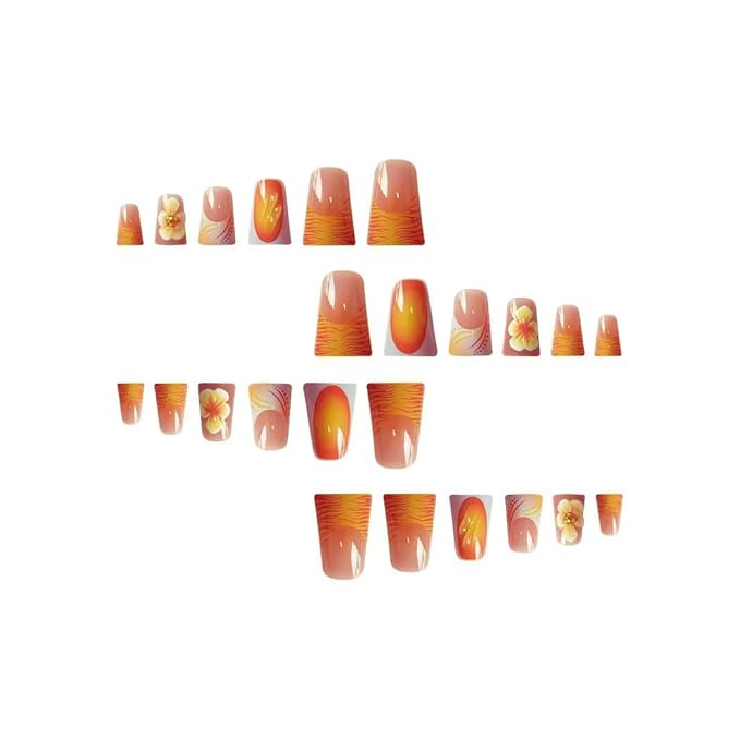 Orange Press on Nails Flower Fake Nails Glossy False Nails with Design French Tip Glue on Nails Reusable Artificial Acrylic Full Cover Duck Stick on Nails for Women Girls Manicure 24Pcs