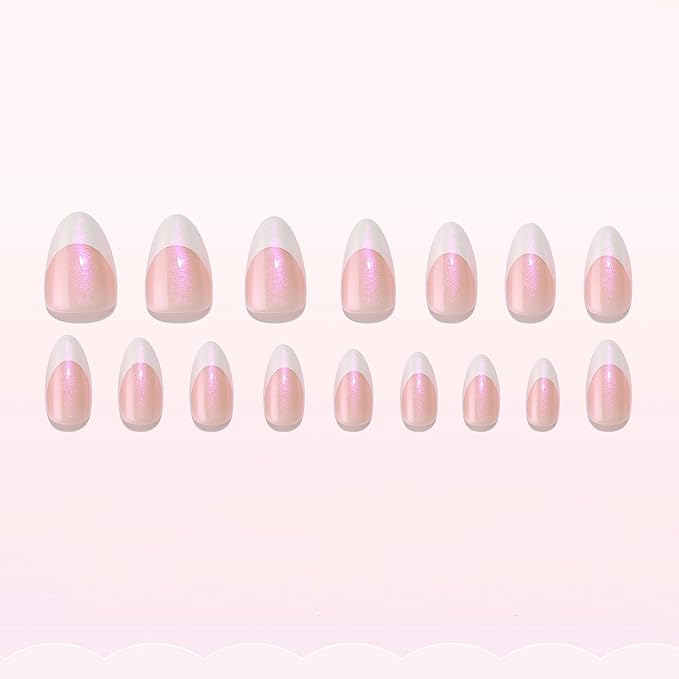 30 Pcs Short Almond Shaped Soft Gel Press on Nails Glossy Pink Fake Nails with Glitter Designs Salon Quality Thickened False Nails with Nail Glue Full Cover Acrylic Nails for Women Manicure