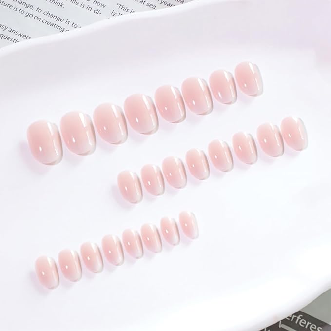 Oval Press On Nails Short – 24PCS French Ombre Pink White Fake Nails, Glossy Acrylic Stick On Nails with Nail Glue Kit, Natural Looking Reusable False Nails for Women & Girls