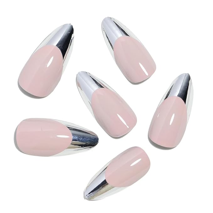 French Tip Press on Nails Medium Almond Fake Nails Silver French Nail Tips Metal False Nails Artificial Acrylic Nails Full Cover Glue on Nail for Women Nail Decoration