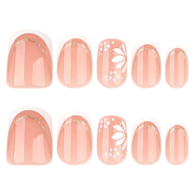 3D French Press on Nails Short Square with Flower Design, Nude Nail + White Tip Glossy Stick on Nails for Women with Kit, Reusable Soft Gel Stick on Fake Nail with Gold Line Designs Perfectly Fit