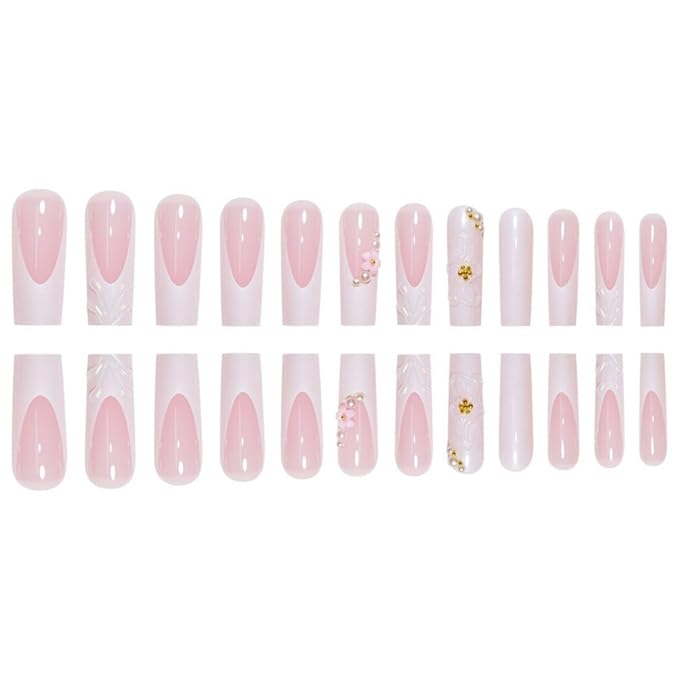 Long Square Press on Nails Pink and White French Tip Fake Nails with 3D White Flower,Pearl and Rhinestone Decor for Women 24pcs