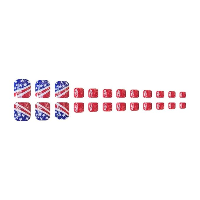 Independence Day Press on Toenails Short Square Fake Toe Nails Red Glitter False Toenails with Stripe Designs Full Cover Glossy Stick on Toenails Summer Star Glue on Toenails for Women 4th of July