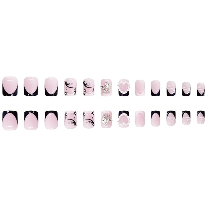 Press on Nails Short Square MABKJLF French Tip Fake Nails Black & White False Nails Stars Pearls Heart Charms Designs Glossy Glue on Nails Stick on Nails for Women Girls 24 Pcs