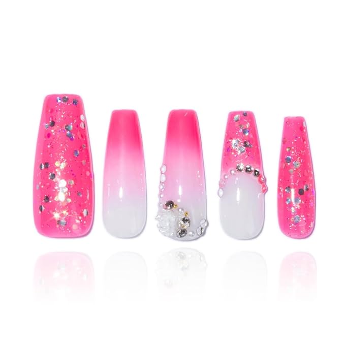 2025 Handmade Reusable Medium Pink Gradient Press-On Nails French Stickers Rhinestones Full Coverage Fake Nails for Women (Gradient Pink, Medium)