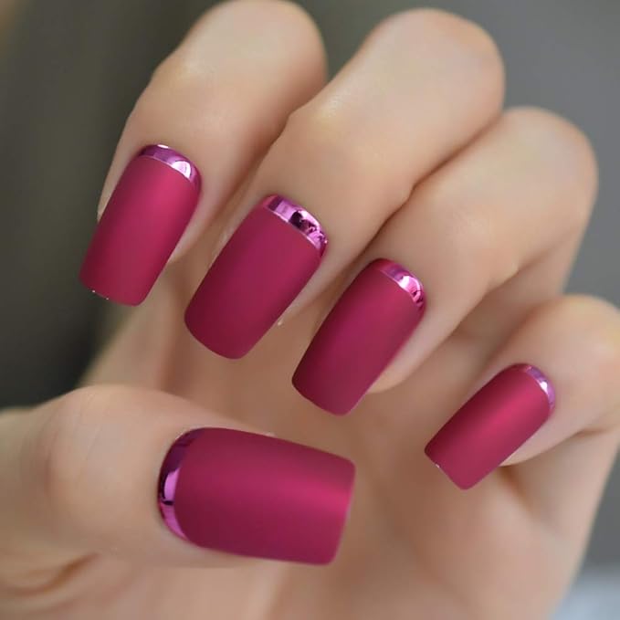 Slim Gorgeous Fake Nails Matte Rose Red with Metallic Moo Medium Size Frosted Artificial Acrylic Nail Art Tips