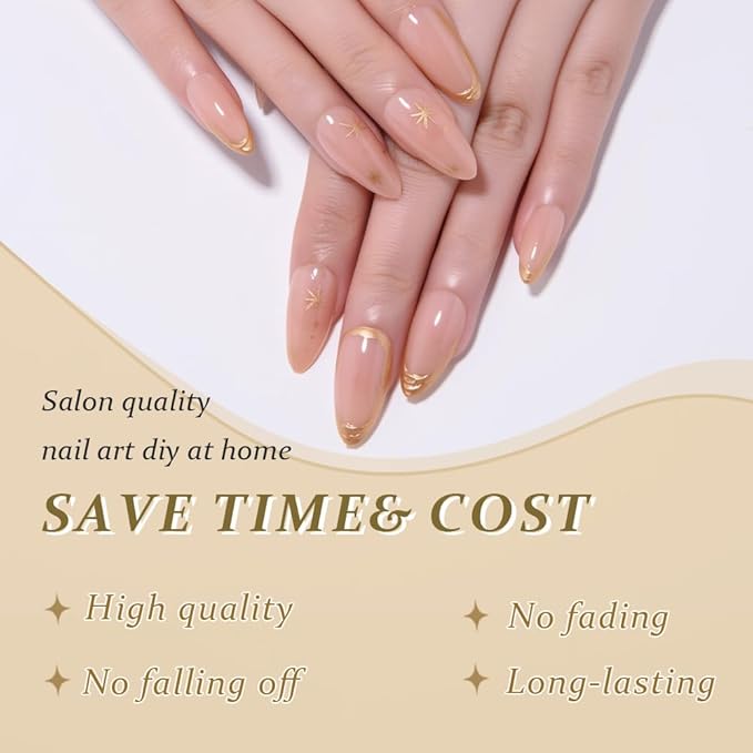 evpct Gold French Tip Press on Nails Almond Medium, Nude Pink + Gold Line Tips, Stick on Nails Medium Almond for Women, Full Cover Perfectly Fit Handmade Soft Gel Artificial Fake False Nail Kit