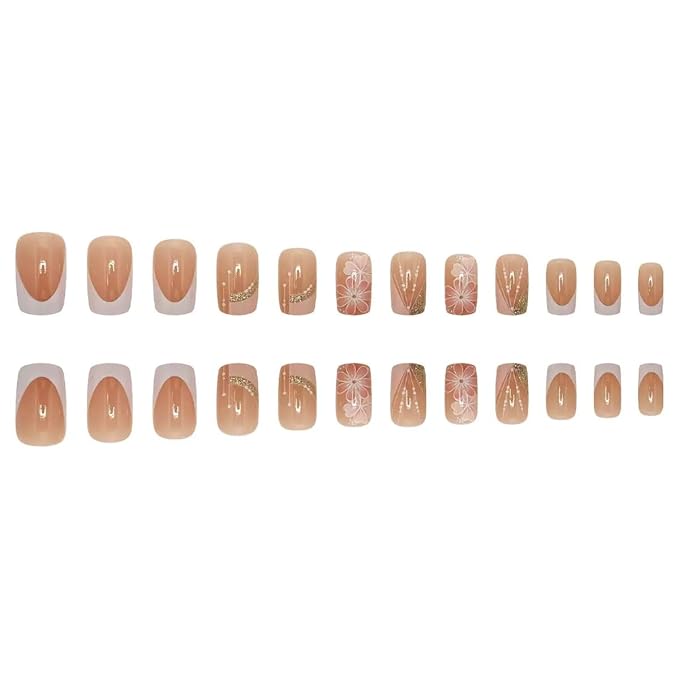 Press on Nails Square - Medium Fake Nails with Flower Design - French Tip, Pink False Nails Press ons - for Women 24 Pcs