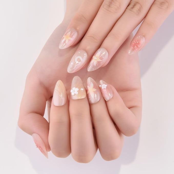 evpct 3D Nude Pink Handmade Press On Nails Almond Short, 3D Flower Shell Design Fake Nails Rusable for Spring & Summer Daily Wear, False Acrylic Nail with Kits Press ons Nail for Women Gift, 30Pcs