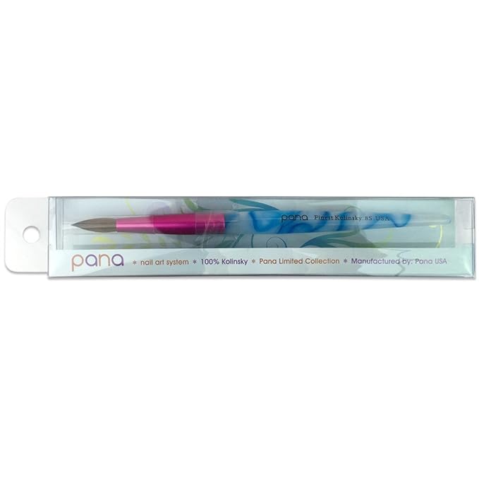 PANA USA Acrylic Nail Brush Pure Kolinsky Hair Acrylic White Swirl Blue Handle with Pink Ferrule Round Shaped - Size 8
