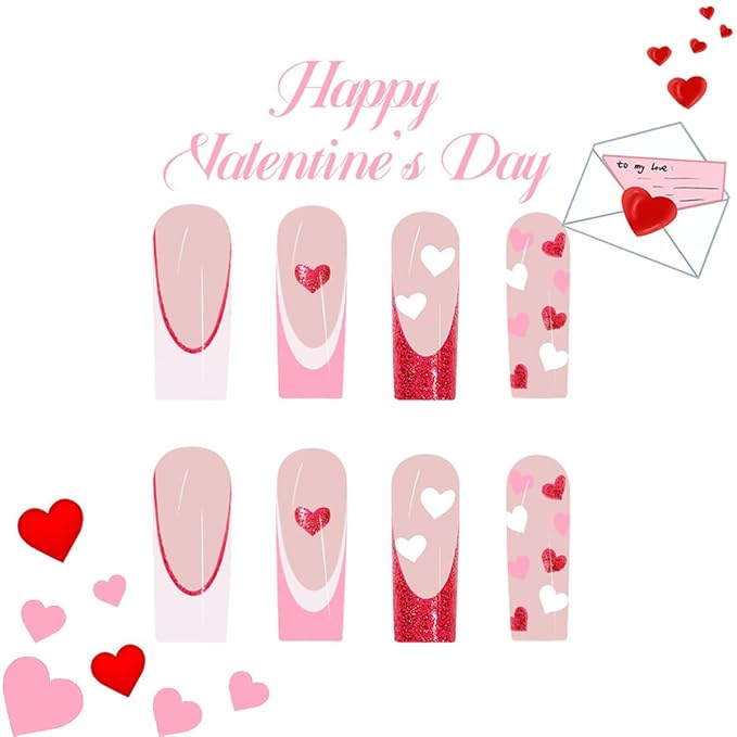 Valentines Press on Nails Long Coffin False Nails Pink Glitter French Tip Glue on Nails Glossy Deigns Heart Fake Nails Valentines Nails Tips Full Cover Acrylic Nails for Women Girls 24Pcs