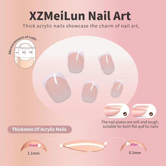White French Tip Press On Nails, Extra Short Square Designer, Reusable Acrylic Fake Nails with Glue, Glossy Soft Gel Nails for Wedding and Party, Stick On Glue On Nails for Women - Gift