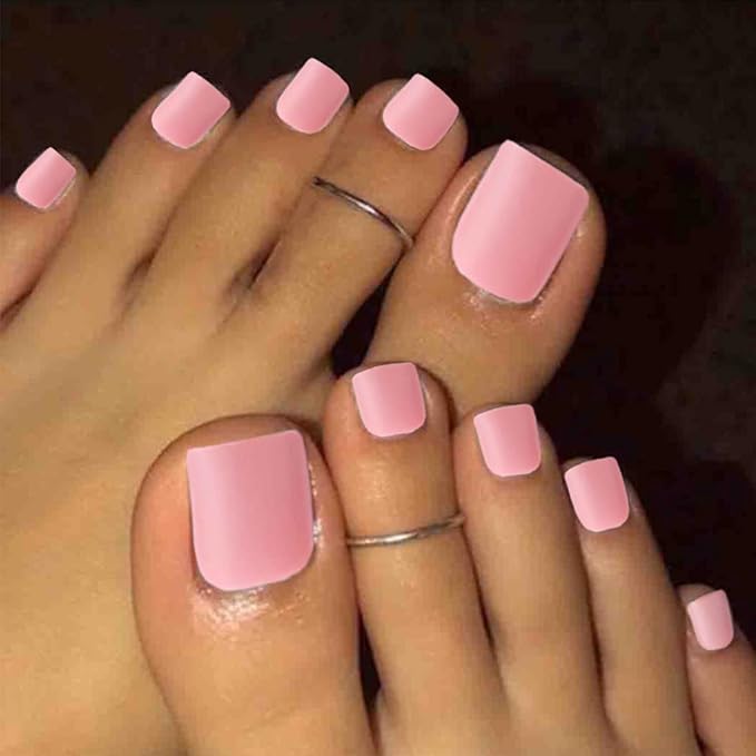 Pink Press on Toe Nails Matte Square Fake Toenails Short Solid False Toes Nails with Designs Acrylic Cute Artificial Beach Full Cover Toenail for Women 24 Pcs (Light Pink)