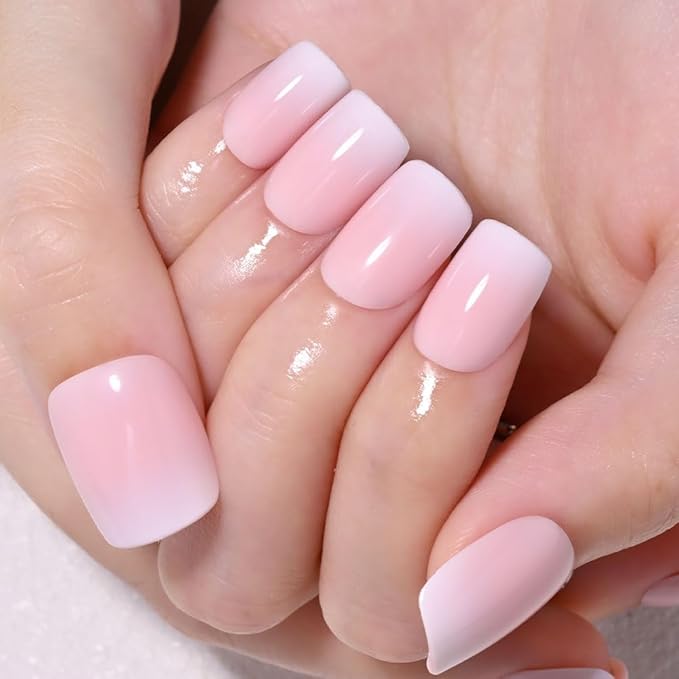 Pink White Ombre French Tip Press on Nails, Short Square Acrylic Fake Nails Design, Natural Reusable Nails Kit for Women DIY False Nail Art Decoration Gift, Salon Quality Reusable 15/30 Psc