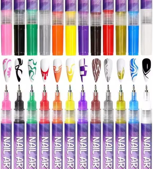 12 Colors Nail Art Pens Set, Fine Tip Nail Art Markers & Nail Polish Pens for DIY Nail Art, Manicure Design, Home & Salon Nail Kit Accessories