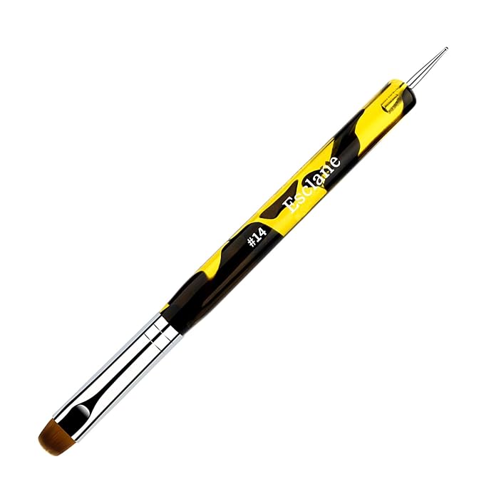 French Manicure Brush, Esclane 2 Way French Nail Brush with Dotting Tool for Manicure Cuticle Clean Up Nail Art Design, French Tip Brush (Yellow, #14)