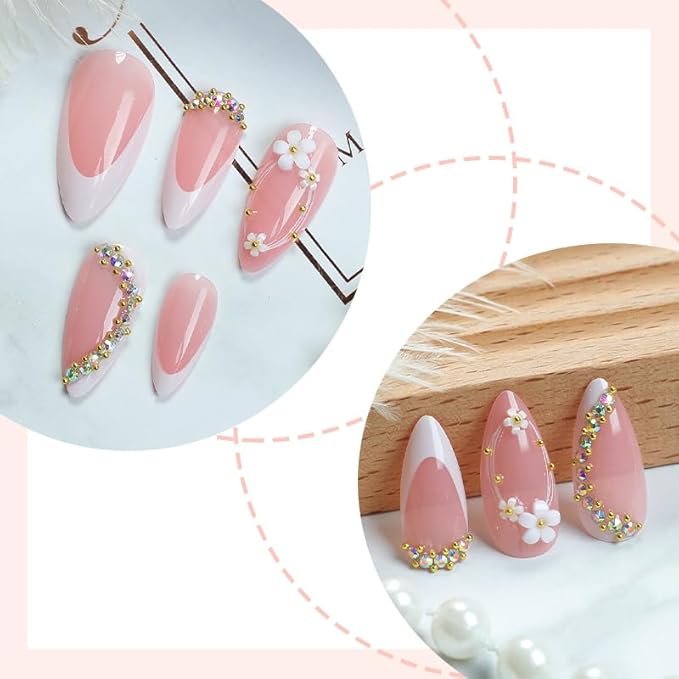 Press on Nails Almond Painted Flowers French Fake Nails French Fake Reusable Nail Kit with Nail Glue Adhesive Tabs Mini Nail File for Women Manicure Art Decoration 24PCS
