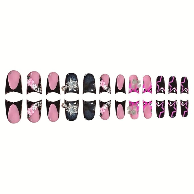 Black Press on Nails Duck Fake Nails with Star Design French Tip Nail Press ons Glossy Stick on Nails Reusable Artificial Acrylic Full Cover Short Nail press ons for Women Manicure 24Pcs