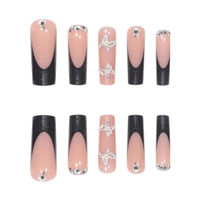 Black French tips Press on Nails Long Square Fake Nails with Silver Bow Charms Design Glitter Glue on Nails Rhinestone False Nails Glossy Reusable Fingernails for Women Girls Manicure 24pcs