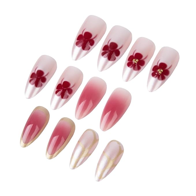 Medium Press on Nails Almond - Red Fake Nails with Flower Gold Line Design - Glossy Full Cover Stick on Nails for Women Manicure 24 Pcs