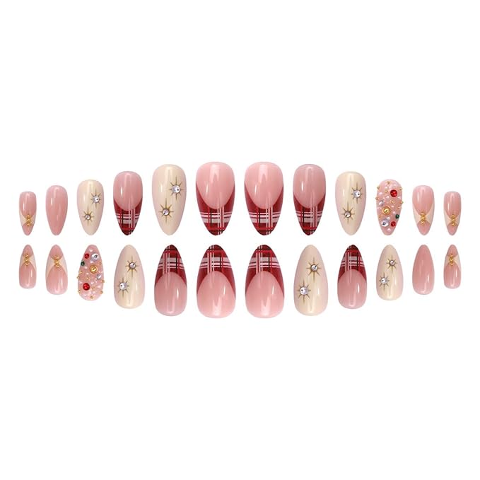 Christmas Press on Nails Medium Almond Fake Nails Plaid Red False Nails Press ons White Rhinestones Glue on Nails Acrylic Artificial Stick on Nail Reusable for Women Nail Manicure 24Pcs