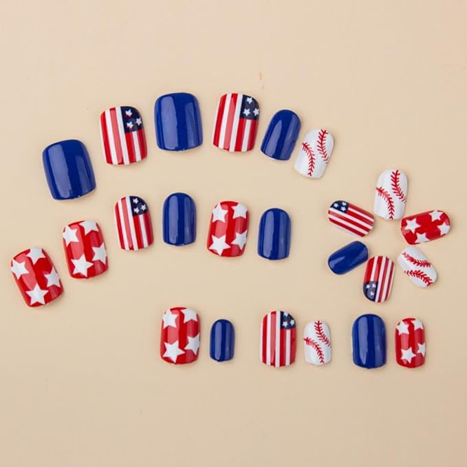Independence Day Press on Nails Short Square Fake Nails with Star Designs Red Blue American Flag False Nails Baseball Stick on Nail Full Cover 4th of July Acrylic Nail for Women Girls Manicure 24Pcs