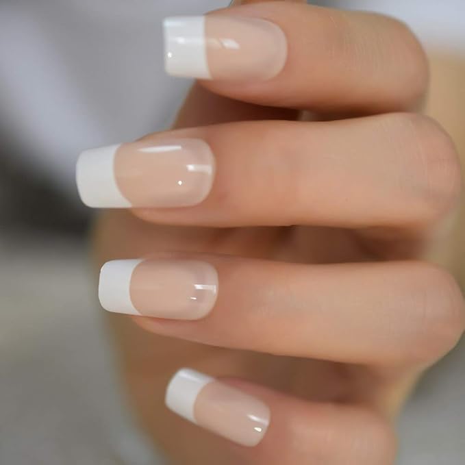 Fake Nails Medium Size Square Squoval Shape Predesigned Press on Nail (Nude French Nails)