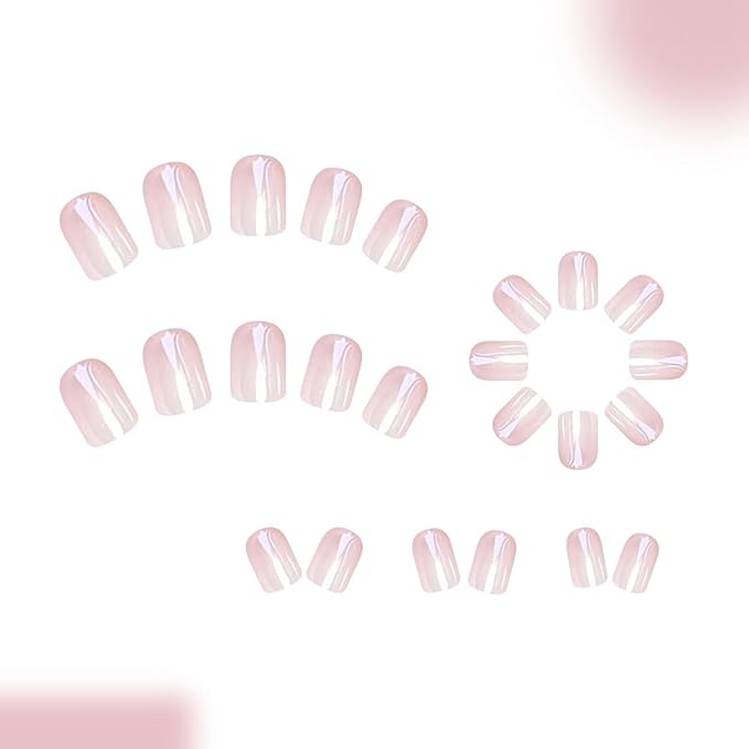 Ombre Glazed Press on Nails Short Square Fake Nails White Chrome Nails Press ons with Design Full Cover Glue on Nail Stick on Nails for Women Manicure,Glossy | Reusable | Glue Tab | Easy Apply | 24Pcs