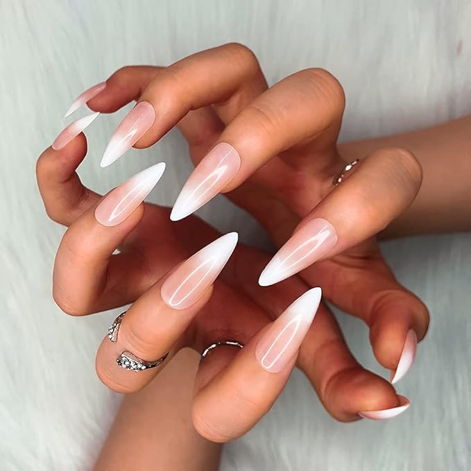 Morily 24pcs Fake Nails Matte Pure Color Medium Long Stiletto Almond Press on Nail False Tips Artificial Finger Manicure for Women (French Ombre)