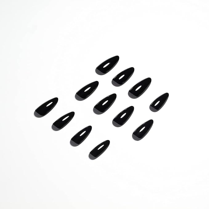 Black Press on Almond Shaped Medium Nails - Neutral Acrylic Reusable Fake Nails for Women Girls - Glue on Medium Length Stiletto False Nails - Soft Gel Artificial