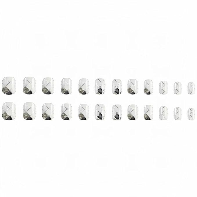 Gray and White Plaid Press on Nails Short Square Fake Nails Lined Plaid False Nail Design Full Cover Glitter Plaids Glossy Acrylic Nails for Women and Girls DIY Manicure Decoration 24Pcs