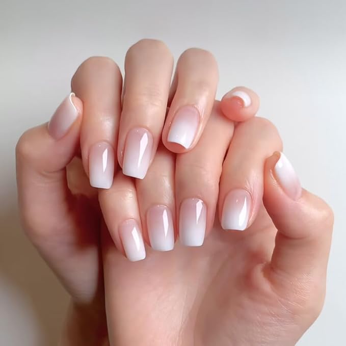 Ombre Press on Nails Short Square Fake Nails White Gradient Nails Press ons with Design Reusable Artificial Nail Full Cover Glue on Nail Stick on Nails for Women Manicure 24Pcs