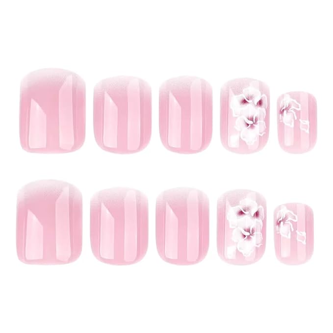 Short Square Press on Nails - Ombre Pink Fake Nails with Flower Design - Spring False Nails Press ons - for Women Manicure 24 Pcs
