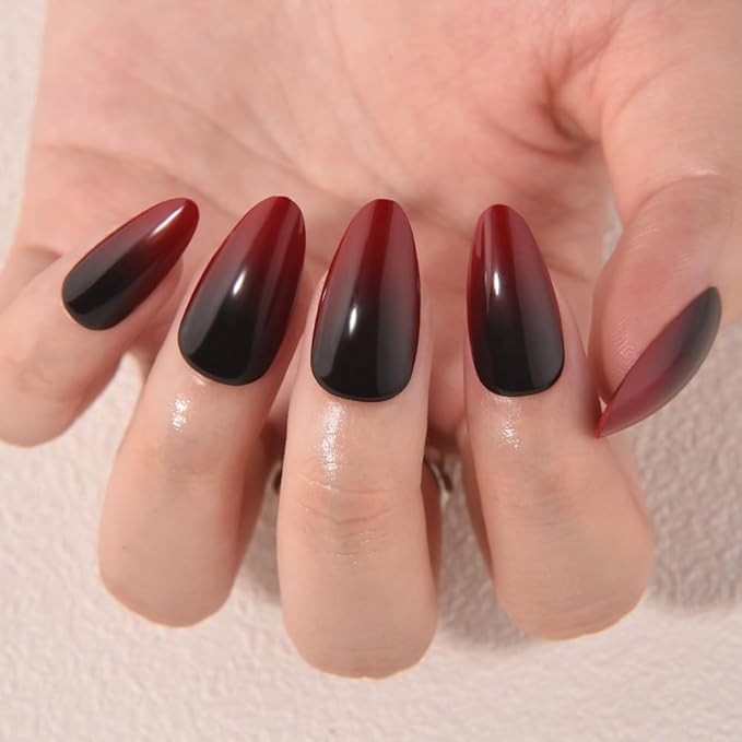 evpct Press on Nails Short Almond Ombre Design, Black to Blood Red Ombre Glossy Artificial Acrylic Fake Nails Reusable with Kit, Perfectly Fit Stick on Full Cover Soft Stick on False Nail for Women