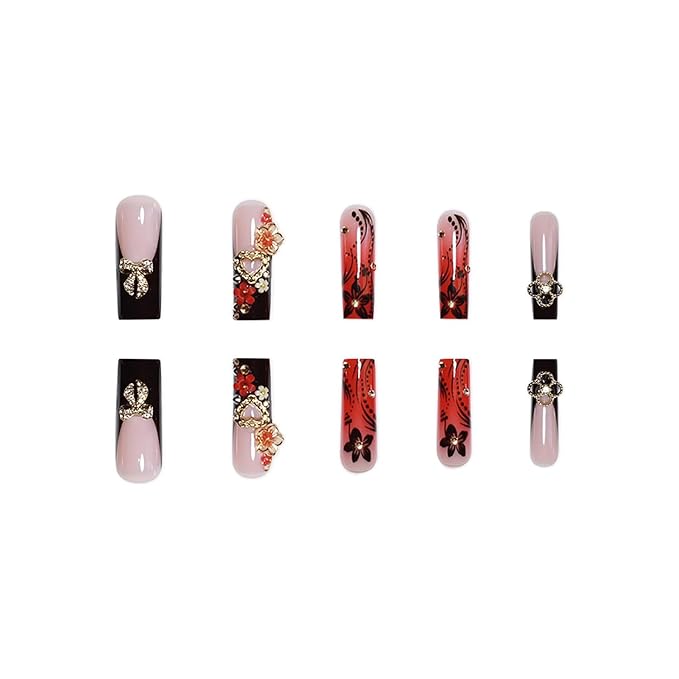 Press on Nails Coffin Long Length Acrylic Glossy Full Cover Square Shaped French False Nails with Designs Artificial Extra Long Fake Nails with Charms Glue ons Fingernails for Women(C130)